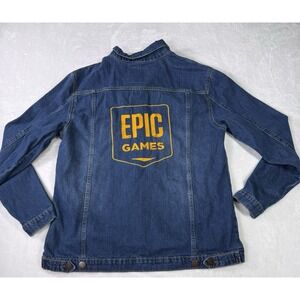 Epic Games Blue Denim Jean Trucker Jacket Mens 2XL Medium Wash Embroidered‎ Logo